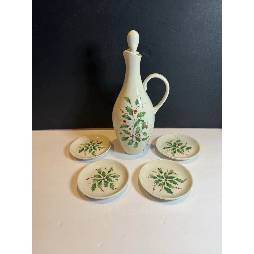 Lenox Holiday Oil Bottle Gift Set NIB Holly Cruet 4 Dipping Dishes Christmas
